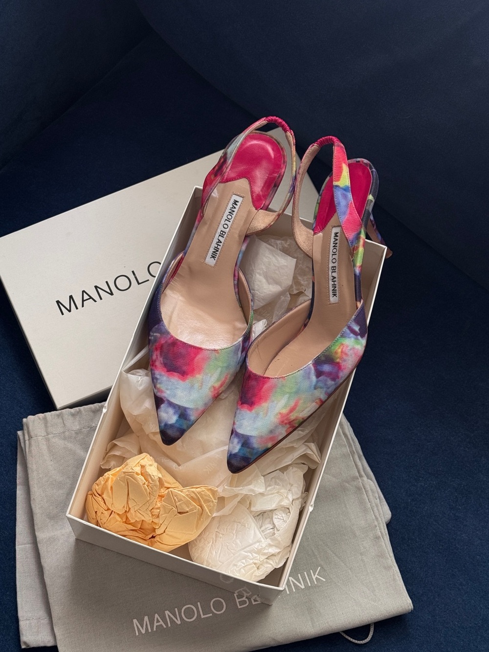 Manolo Blahnik Pink and Purple Watercolor Satin Carolyne slingback pumps 38 1/2